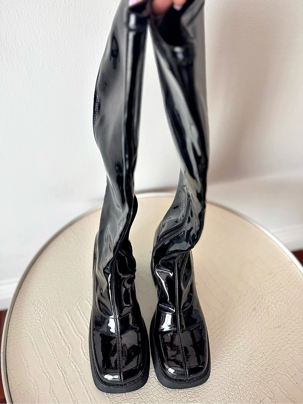 Steve Madden Black Patent Square Toe Knee High Boots Heeled Boots